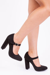 MICHELLE BLOCK HIGH HEEL PUMP WITH FRONT BUCKLE STRAP IN BLACK SUEDE