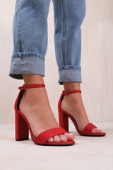 SKYE STRAPPY BLOCK HEELS WITH BUCKLE IN ROUGE RED SUEDE