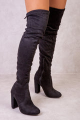 DIANE HIGH HEEL OVER THE KNEE BOOT WITH LACE UP DETAIL IN BLACK SUEDE