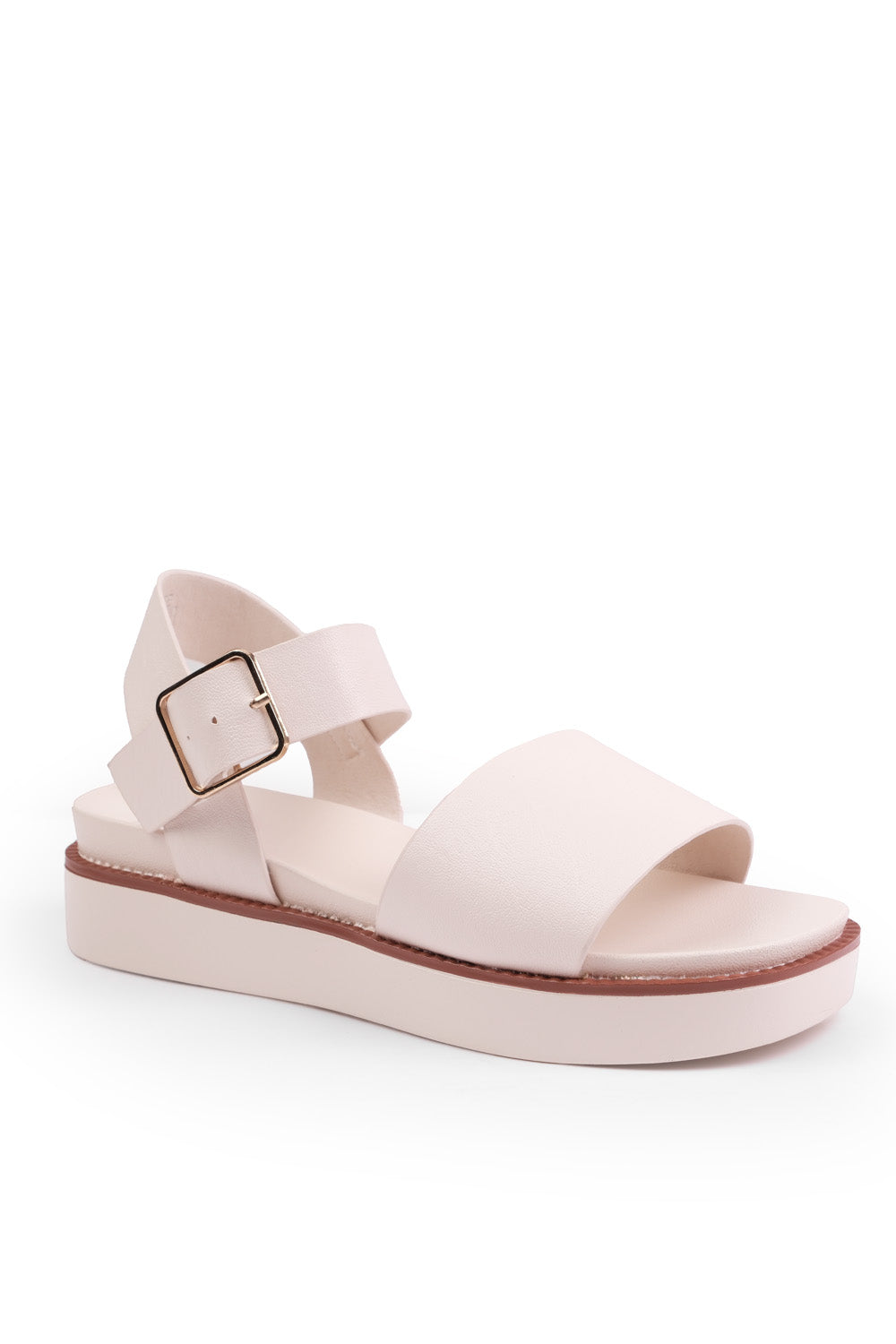 PHOENIX EXTRA WIDE FIT CLASSIC FLAT SANDALS WITH STRAP AND BUCKLE DETAIL IN CREAM FAUX LEATHER