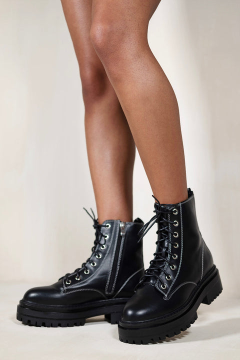 ANNIE CHUNKY PLATFORM ANKLE BOOT WITH LACE UP DETAIL IN BLACK FAUX LEATHER