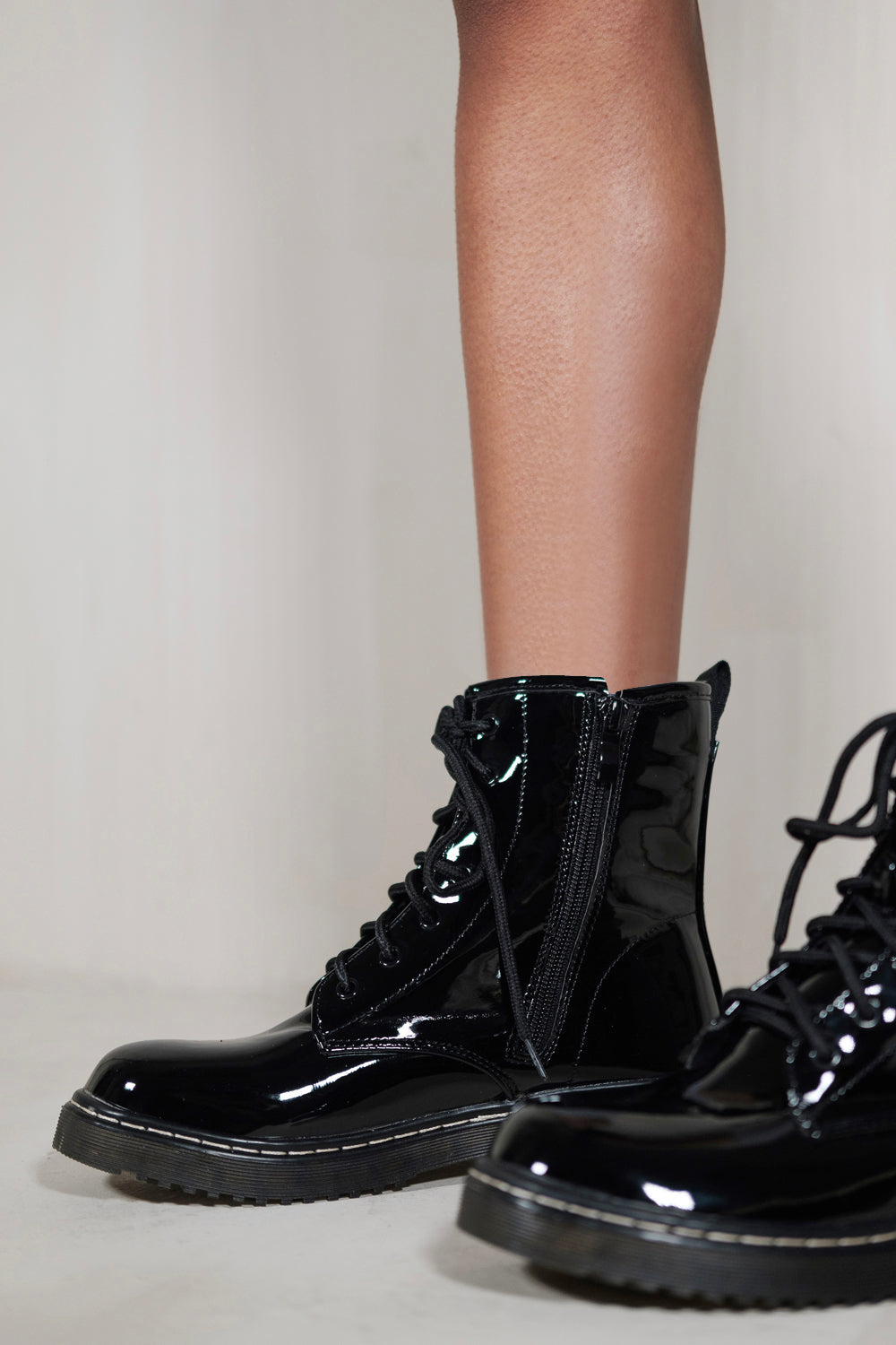 CALLA LACE UP MID ANKLE BOOTS IN BLACK PATENT FAUX LEATHER