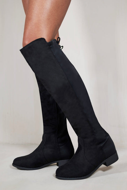 DIEM OVER THE KNEE PULL ON BOOTS WITH LOW HEEL IN BLACK SUEDE