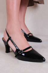 ON POINT MID HEEL SLINGBACK SANDALS WITH STRAP AND BUCKLE DETAIL IN BLACK PATENT