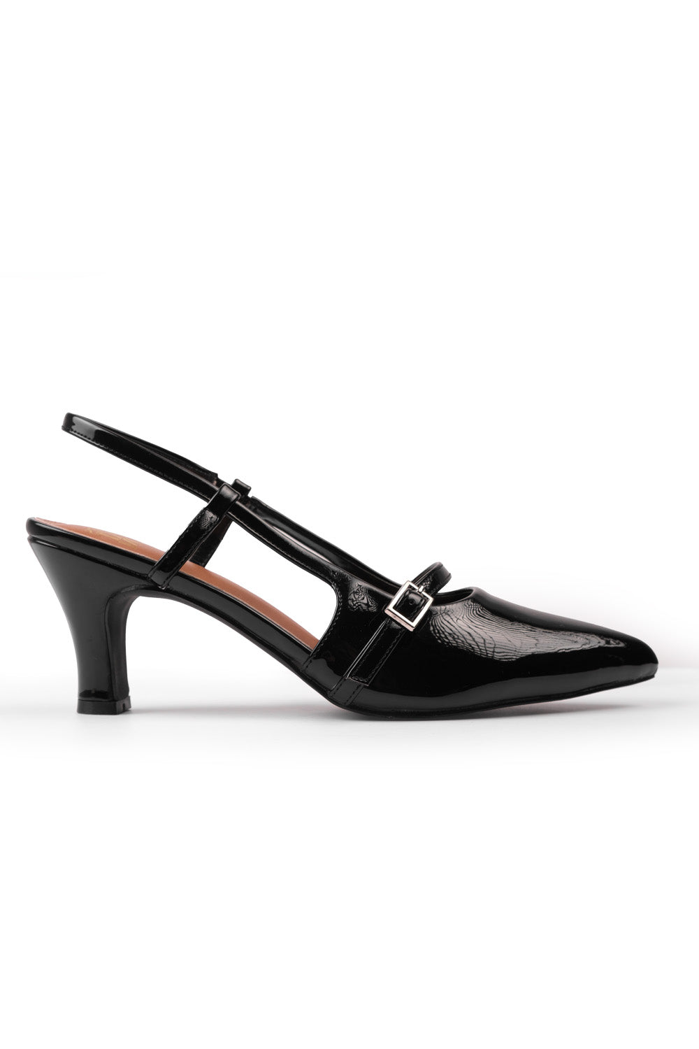 ON POINT WIDE FIT MID HEEL SLINGBACK SANDALS WITH STRAP AND BUCKLE DETAIL IN BLACK PATENT