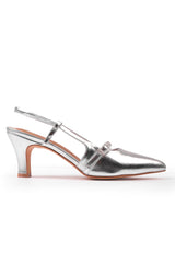 ON POINT WIDE FIT MID HEEL SLINGBACK SANDALS WITH STRAP AND BUCKLE DETAIL IN SILVER METALLIC