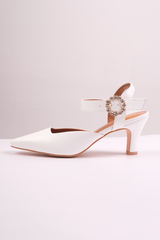 NEW FORM MID HEEL SANDALS WITH DIAMANTE BUCKLE DETAIL IN WHITE FAUX LEATHER