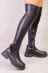 AURORA CHUNKY PLATFORM STRETCH CALF BOOTS IN BLACK FAUX LEATHER