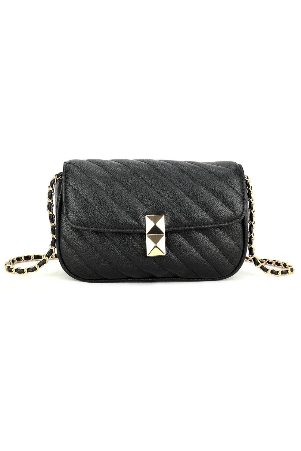 WAVE SHOULDER BAG WITH STITCHING AND CHAIN DETAIL IN BLACK FAUX LEATHER