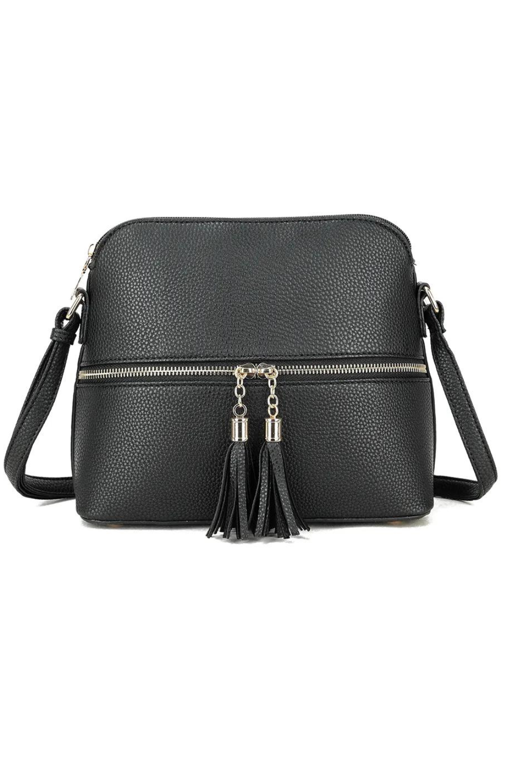 BREEZE CROSSBODY BAG WITH TASSEL AND ZIP DETAIL  IN BLACK FAXU LEATHER