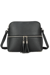 BREEZE CROSSBODY BAG WITH TASSEL AND ZIP DETAIL  IN BLACK FAXU LEATHER