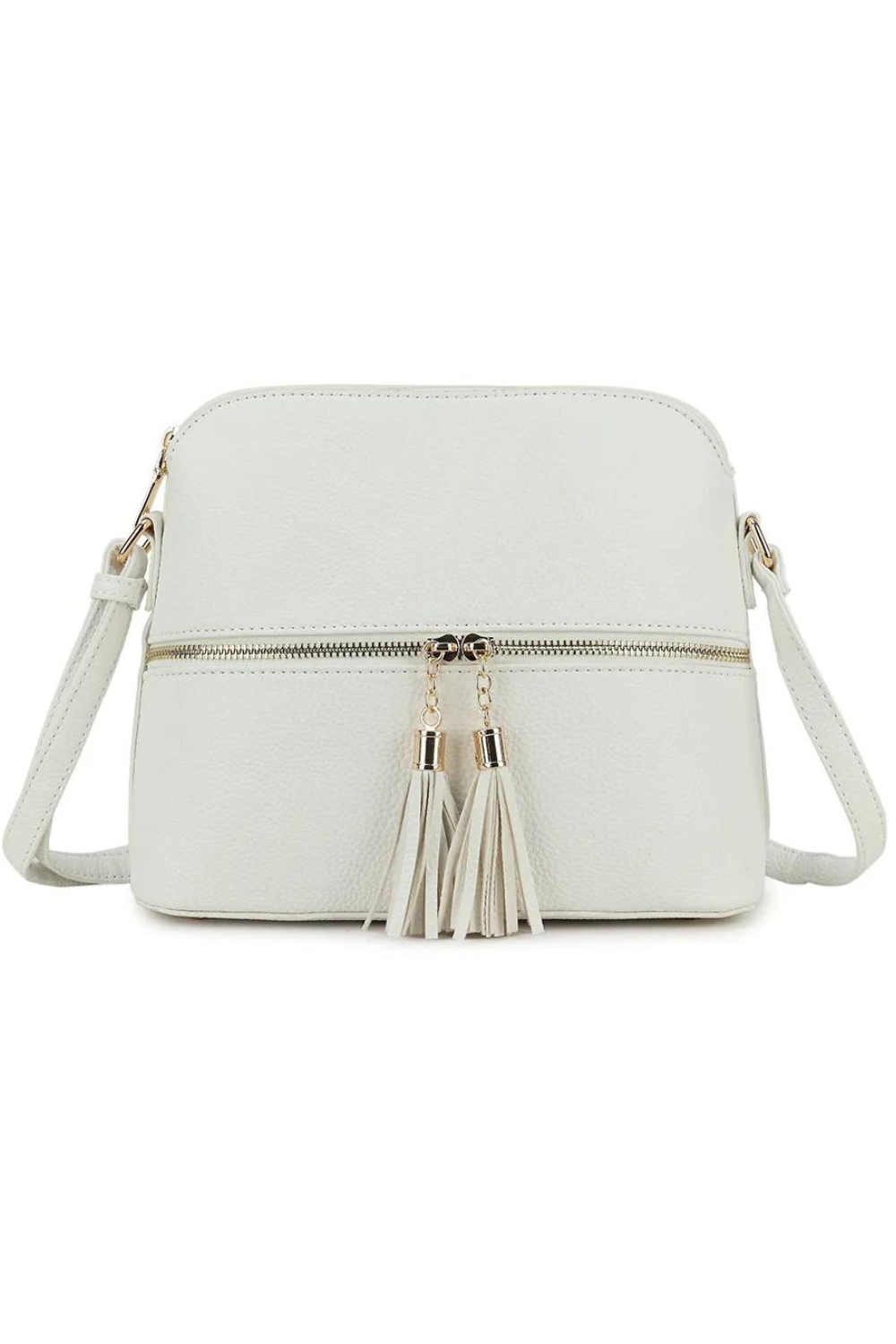 BREEZE CROSSBODY BAG WITH TASSEL AND ZIP DETAIL IN WHITE FAXU LEATHER