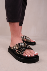 ZENITH FLAT SANDALS WITH CROSS OVER PRESSED STUDS STRAPS IN BLACK FAUX LEATHER