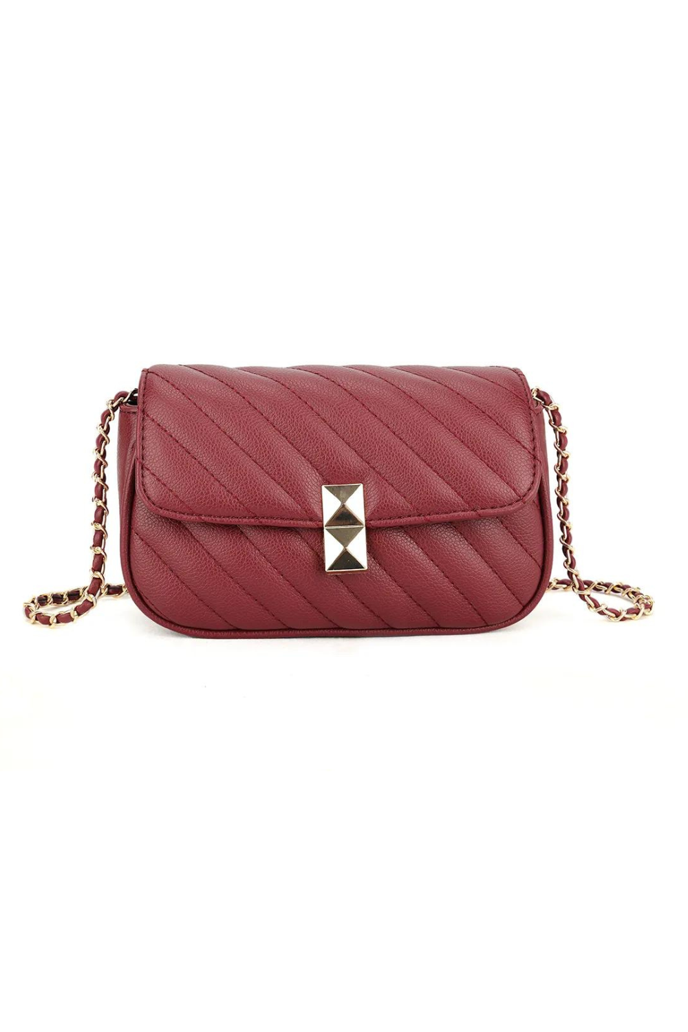 WAVE SHOULDER BAG WITH STITCHING AND CHAIN DETAIL IN BURGUNDY FAUX LEATHER