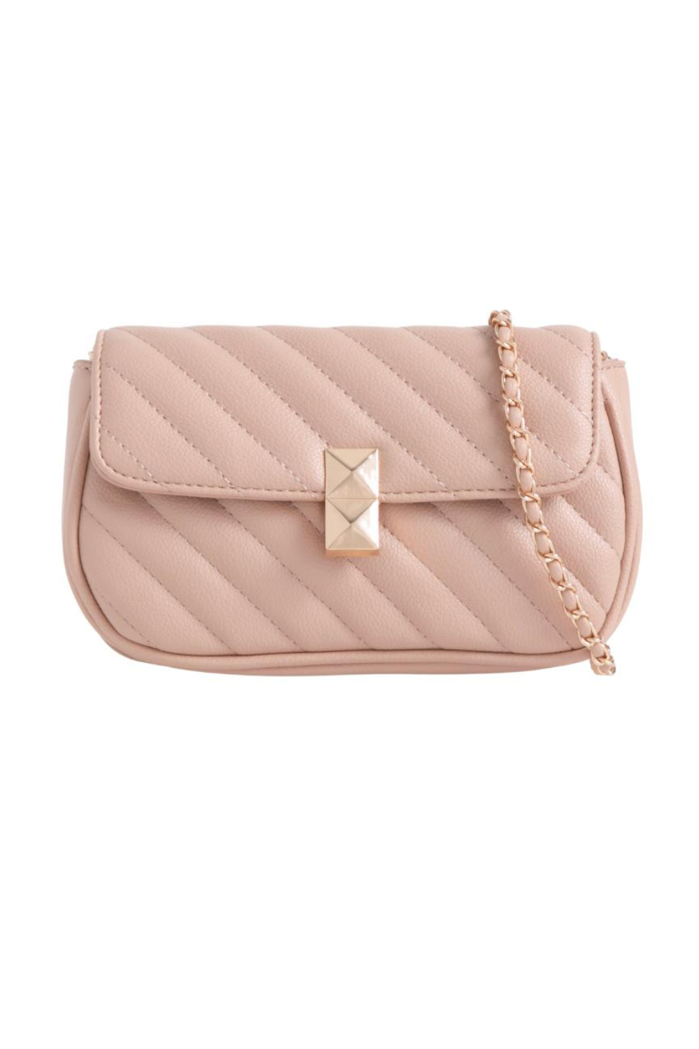 WAVE SHOULDER BAG WITH STITCHING AND CHAIN DETAIL IN NUDE FAUX LEATHER
