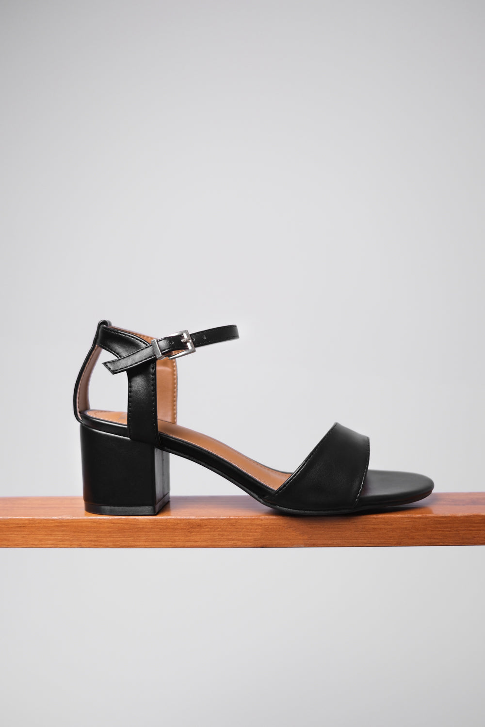 ADRIANNA STRAPPY MID HIGH BLOCK HEELS OPEN TOE IN BLACK FAUX LEATHER