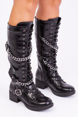 ROCKY CALF LACE UP BOOT WITH DOUBLE CHAIN DESIGN IN BLACK FAUX LEATHER