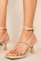 SHERIDAN MID HIGH HEEL WITH SQUARE TOE & LEG TIE IN NUDE FAUX LEATHER