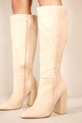 COLETTER BLOCK HEEL CALF HIGH BOOTS WITH POINTED TOE & SIDE ZIP IN IVORY CREAM