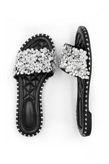 POPPY WIDE FIT DIAMANTE SPARKLY FLAT SLIDERS IN BLACK
