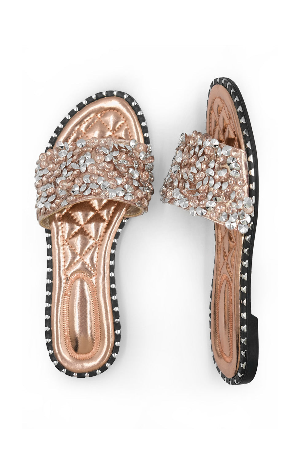 BELLE DIAMANTE SPARKLY FLAT SLIDERS IN ROSE GOLD