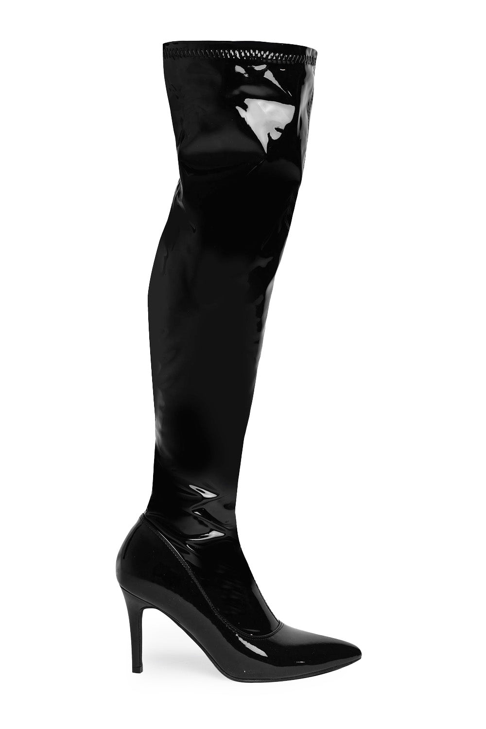 LEXI OVER THE KNEE BOOTS WITH STILETTO HEELS IN BLACK PATENT FAUX LEATHER