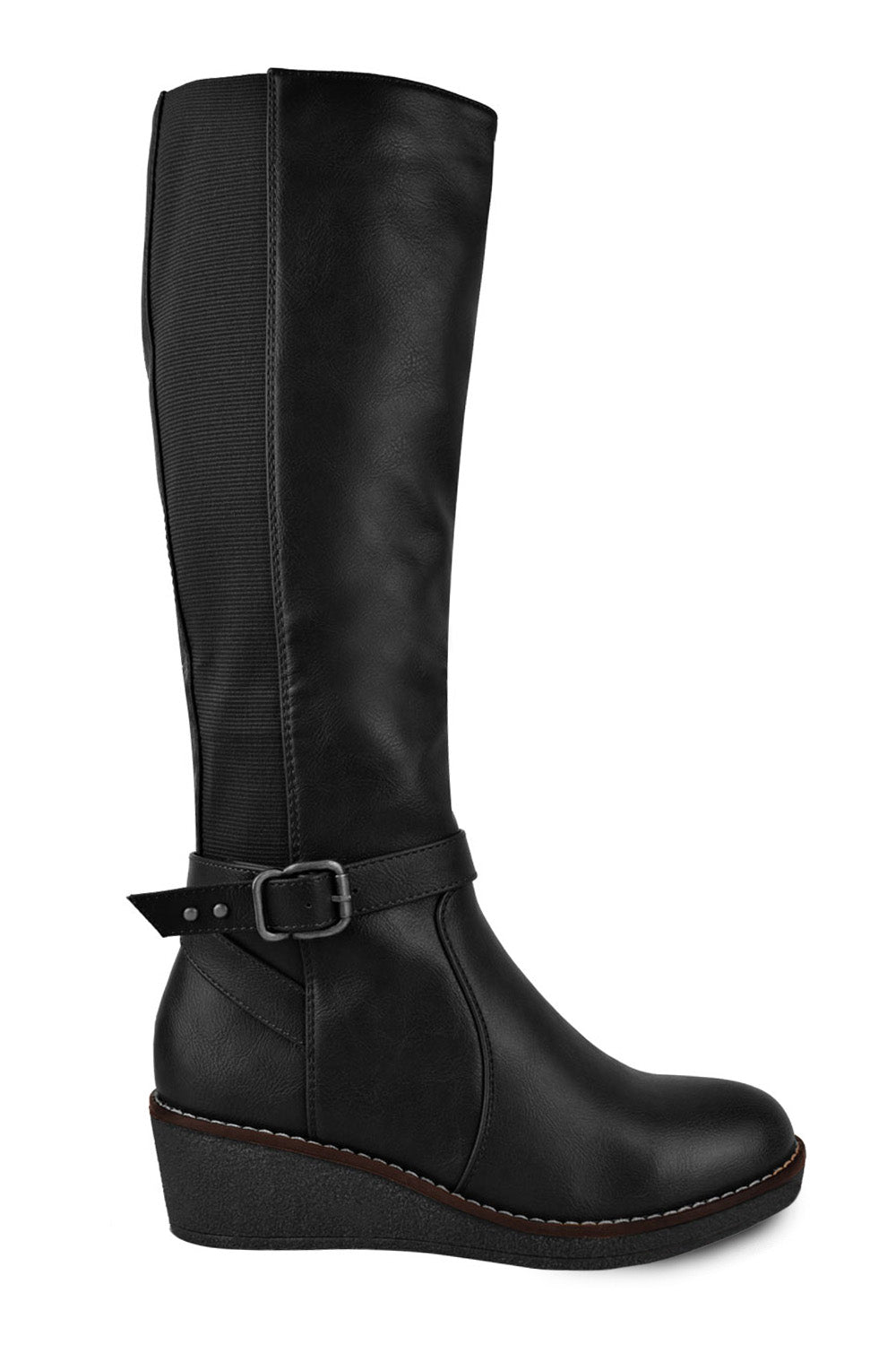 AYLEEN WEDGE HEEL KNEE HIGH BOOTS WITH ELASTIC PANEL IN BLACK FAUX LEATHER