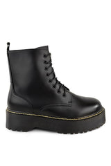 BRYNN LACE UP MID ANKLE BOOTS IN BLACK FAUX LEATHER