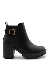 KALI MID BLOCK HEEL WITH BUCKLE DETAIL STRETCH ANKLE BOOTS IN BLACK FAUX LEATHER