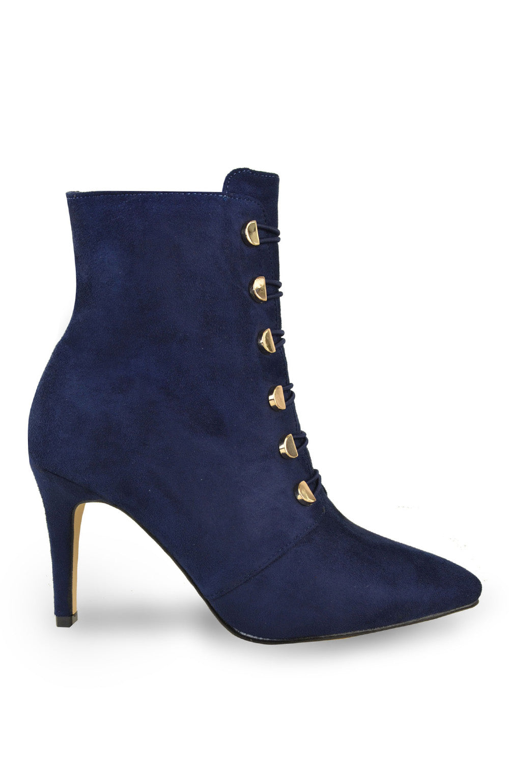 BLYTHE POINTED TOE MID HEEL ANKLE BOOTS WITH GOLD BUTTONS IN NAVY BLUE FAUX SUEDE