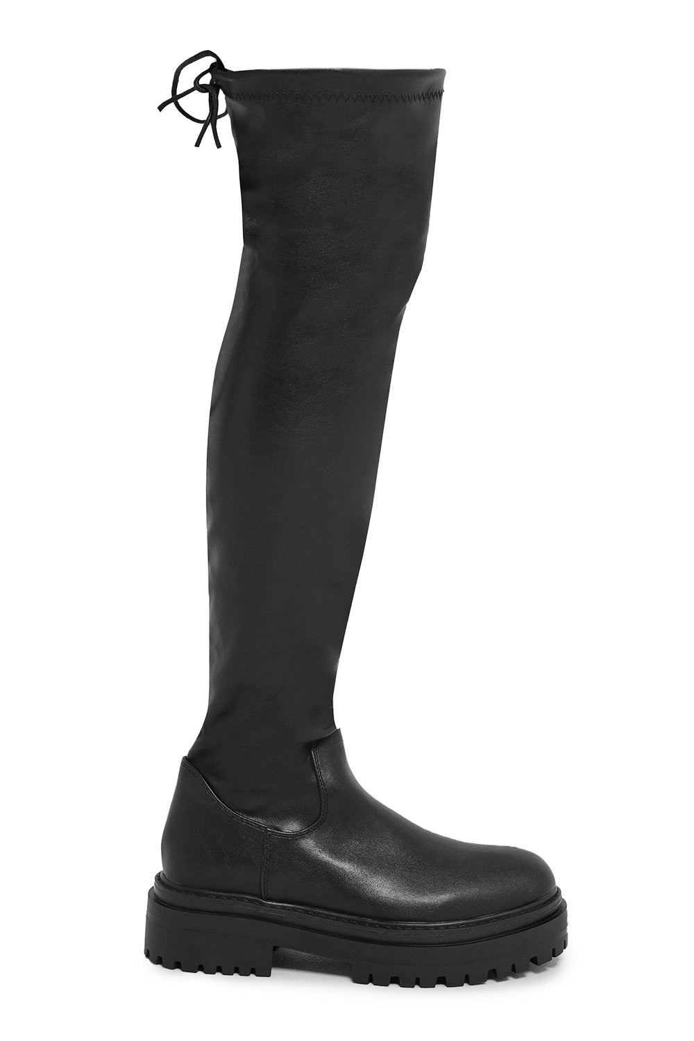 DAWN CHUNKY OVER THE KNEE BOOT WITH LACE DETAIL IN BLACK FAUX LEATHER