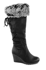 BRIDGET WEDGE HEEL MID CALF HIGH BOOTS WITH FUR & LACE UP DETAIL IN BLACK FAUX LEATHER