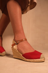 BLAKELY LOW WEDGE ESPADRILLE SANDALS WITH CLOSE TOE IN RED
