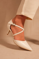 KENNEDI LOW KITTEN HEEL WITH CROSSOVER STRAP IN WHITE FAUX LEATHER