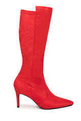 MARTA POINTED TOE CALF HIGH BOOTS WITH SIDE ZIP IN ROUGE RED FAUX SUEDE