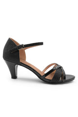 ARTEMIS MID HIGH HEEL WITH BUCKLE ANKLE STRAP IN BLACK GLITTER
