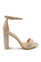 SKYE STRAPPY BLOCK HEELS WITH BUCKLE IN NUDE PATENT