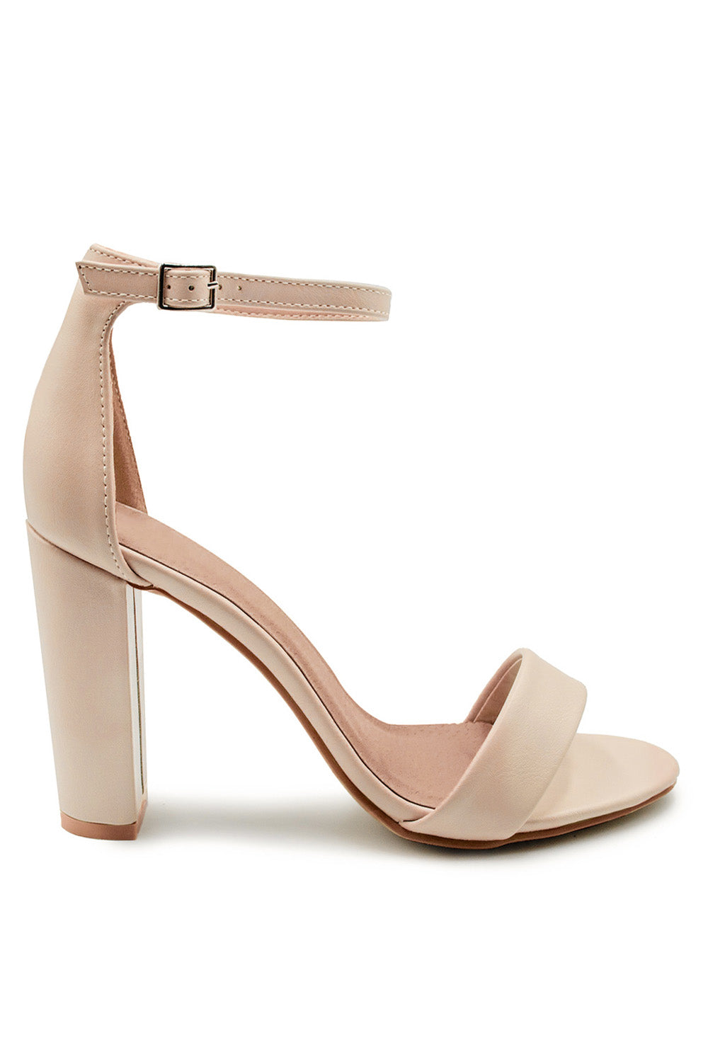 SKYE STRAPPY BLOCK HEELS WITH BUCKLE IN NUDE FAUX LEATHER