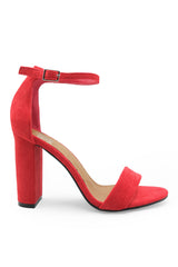 SKYE STRAPPY BLOCK HEELS WITH BUCKLE IN ROUGE RED SUEDE