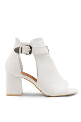 LISA BLOCK HEEL WITH SIDE BUCKLE AND OPEN TOE FRONT IN WHITE FAUX LEATHER
