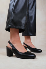 EDITH WIDE FIT BLOCK HEEL SLINGBACK SHOES IN BLACK FAUX LEATHER