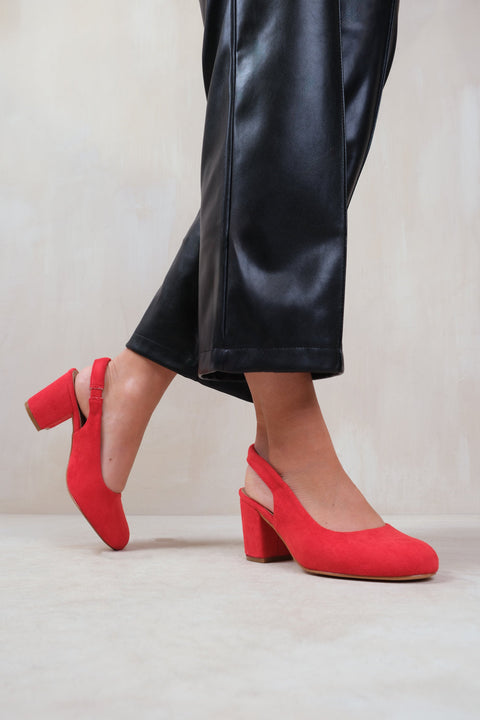 EDITH EXTRA WIDE FIT BLOCK HEEL SLINGBACK SHOES IN RED SUEDE