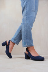 EDITH EXTRA WIDE FIT BLOCK HEEL SLINGBACK SHOES IN NAVY SUEDE