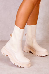 BECKY PU ANKLE BOOT WITH CHUNKY HEEL IN IVORY CREAM FAUX LEATHER