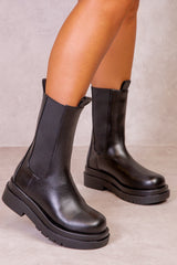 STACEY STACKED BOOTS IN BLACK FAUX LEATHER