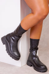 HOLLIE PU ANKLE BOOT WITH CHUNKY HEEL IN BLACK FAUX LEATHER