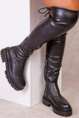 DAWN CHUNKY OVER THE KNEE BOOT WITH LACE DETAIL IN BLACK FAUX LEATHER