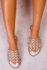 KELLIE WIDE FIT SLIDER SANDALS WITH CAGED STUDDED DETAILING IN NUDE FAUX LEATHER